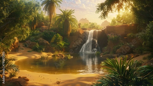 A hidden oasis in a desert setting featuring a waterfall photo