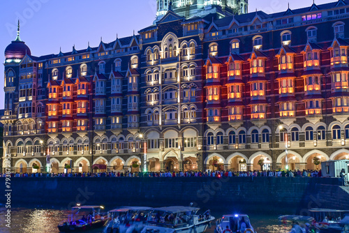 Taj Mahal Palace Hotel at twilight, Mumbai, India.