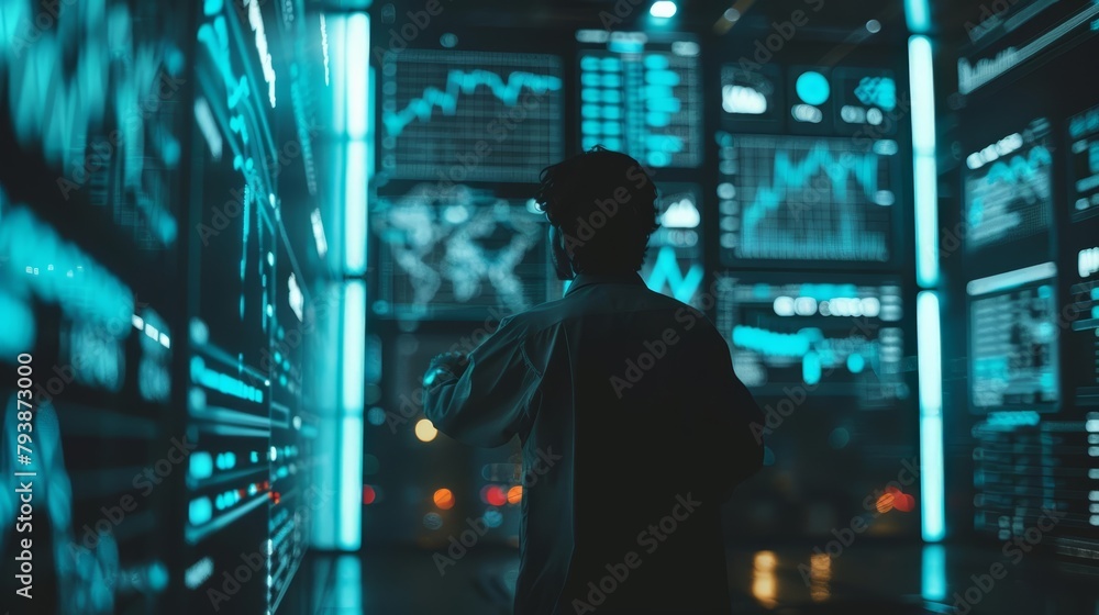 Financial analyst in a dark, hightech room, monitoring realtime stock market crash through futuristic, glowing interfaces