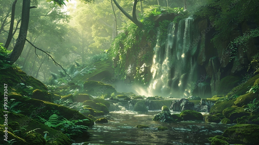 A lush landscape featuring a cascading waterfall - obrazy, fototapety, plakaty 