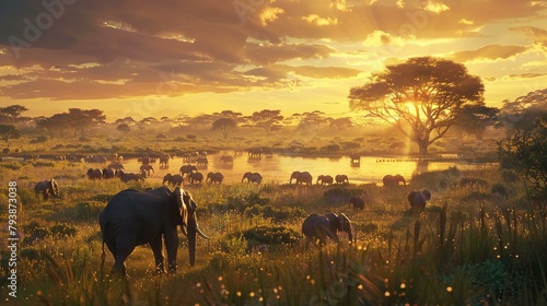 Wallpaper Mural Herd of elephants at sunset Torontodigital.ca