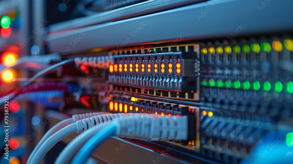 Hightech server room with fiber optic cables connected to servers, illustrating the concept of data connectivity and network infrastructure Hightech server room with fiber optic cables connected to servers, illustrating the concept of data connectivity and network infrastructure