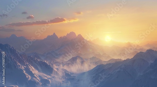 A mountain vista at sunrise with the sun peeking #793873208