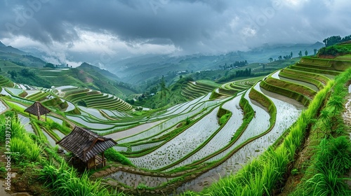 A panoramic scene of terraced rice paddies photo