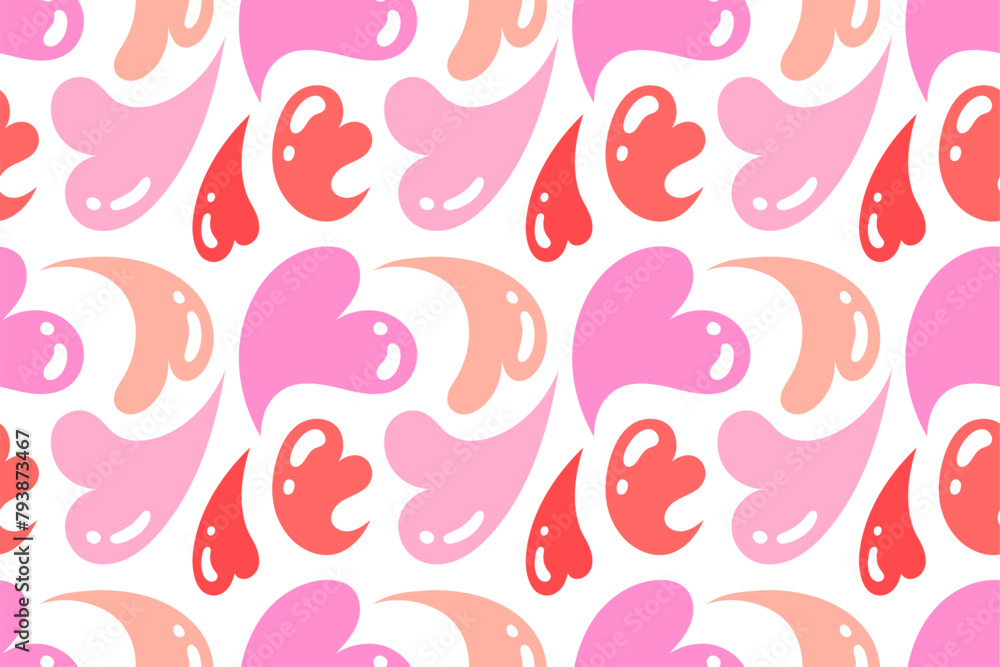 Groovy Hearts Seamless Pattern. Psychedelic Distorted Vector Background. Hippie Retro Style for Wrapping Paper, Print, Web Design, Social Media, Banner, Card, Poster. Pink and Red Colors.