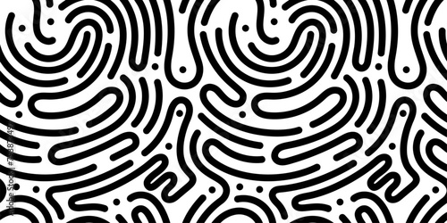 Doodle Seamless Pattern. Geometric Line Shapes. Hand drawn contemporary geometric background. Scribbles. Curved lines and dots. Abstract Background Design. Vector Black and White Pattern.