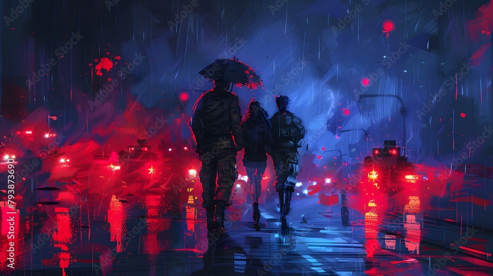 A couple shares an umbrella on a reflective, wet street, surrounded by the neon glow of a rainy, cyberpunk city at night, Digital art style, illustration painting.