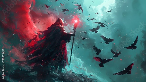 In a storm of red and teal, a shrouded figure with a staff conjures magic, surrounded by a flurry of birds in flight, Digital art style, illustration painting.