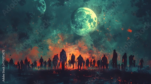 Zombie figures loom in the foreground of a dystopian scene, illuminated by the haunting light of a large green moon, Digital art style, illustration painting. photo
