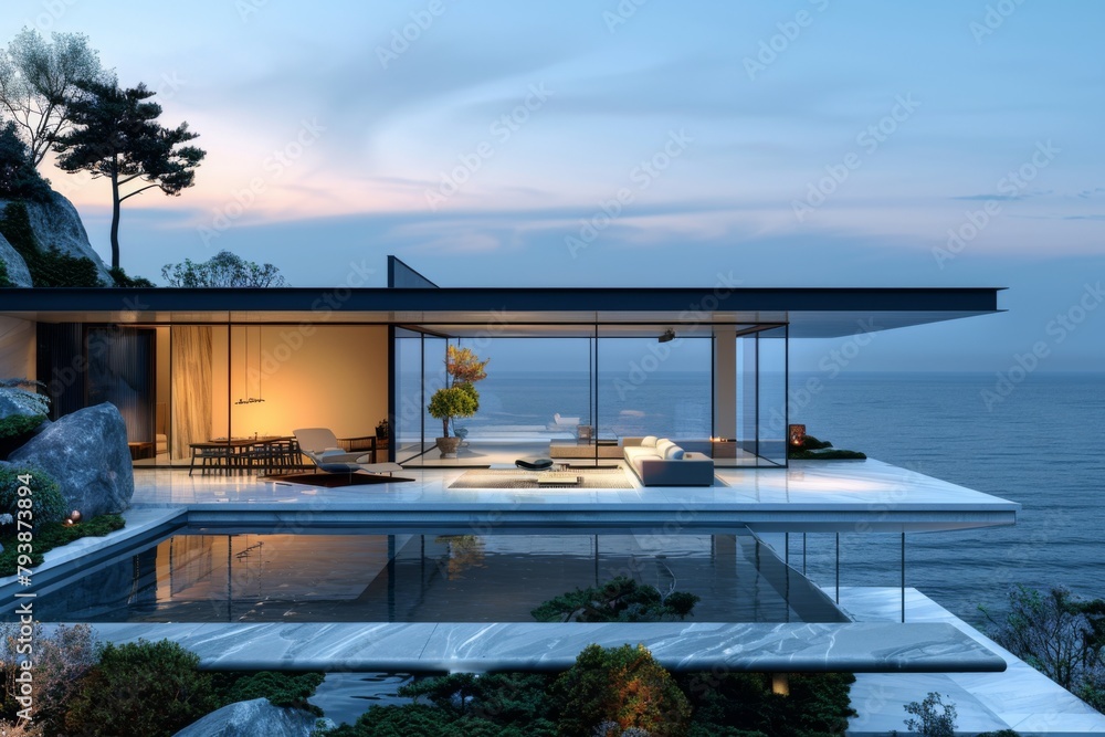 Fototapeta premium Luxury Island Villa With Infinity Pool At Sunset.