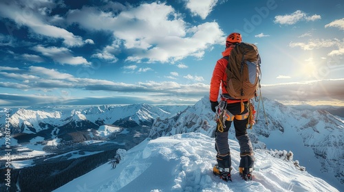 Mountain climber in the winter. Generative AI.