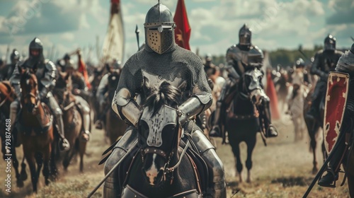 A tense moment in a medieval battlefield, with armored knights on horseback charging towards the enemy lines, the clash of steel  photo