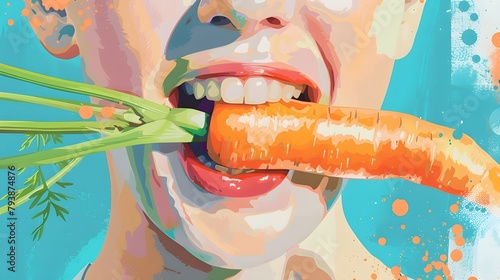 Mouth biting vegetables, biting carrot, biting broccoli, teeth biting 