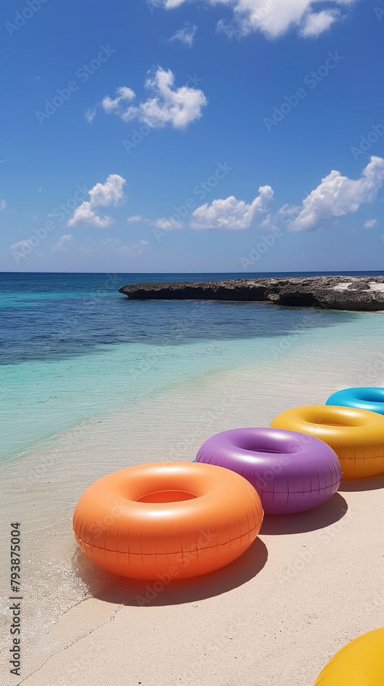 Bright inflatable rings on tropical beach with crystal clear water