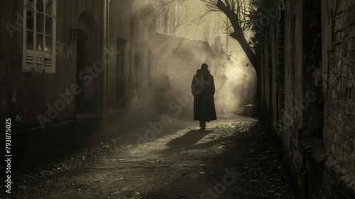 Enigmatic Figure in Trench Coat Roaming in Abandoned Alley Vintage Picture.