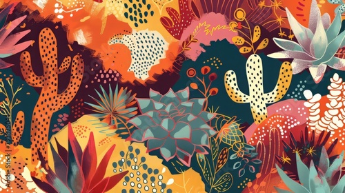 Seamless pattern with cactuses and succulents. Illustration. Ai generative.