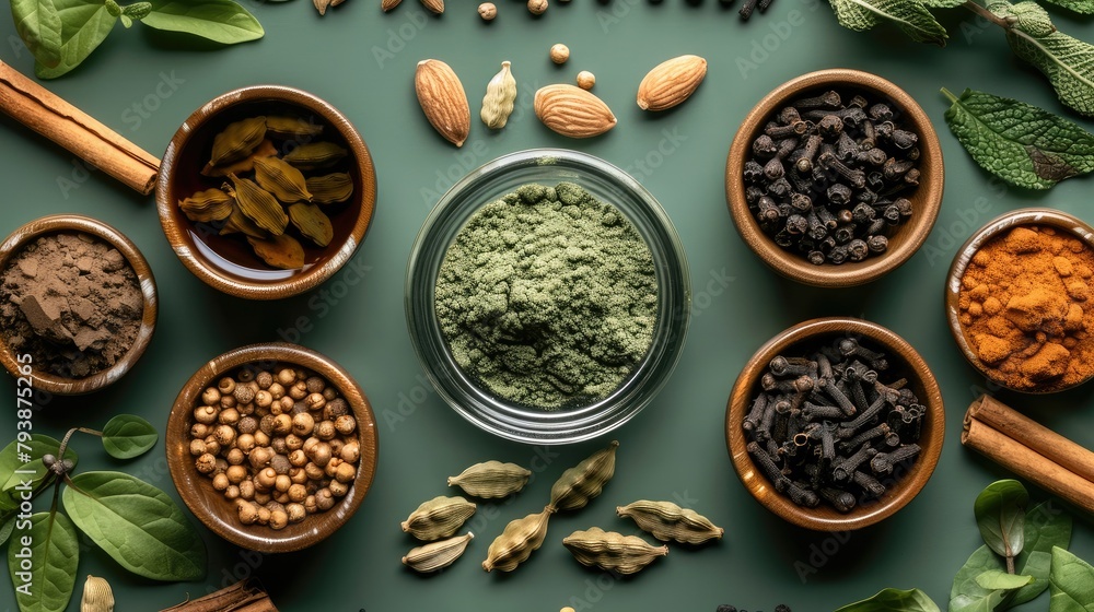 A flat lay of various natural ingredients used in traditional Indian herbal medicine, including fresh herbs and spices like cardamom, cinnamon, ginseng, and black icy charcoal. Generative AI. A flat lay of various natural ingredients used in traditional Indian herbal medicine, including fresh herbs and spices like cardamom, cinnamon, ginseng, and black icy charcoal. Generative AI.