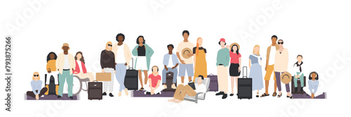 Different people stand together with suitcases. Vacation concept.