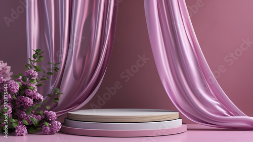 A beautifully staged composition with lavish lavender satin curtains and a podium surrounded by purple flowers