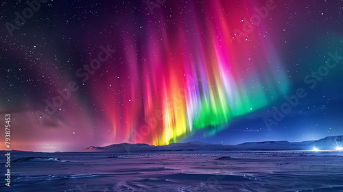 A breathtaking view of the Northern Lights, their vibrant colors dancing across the night sky over a snowy landscape, creating a magical and beautiful natural background. 32k photo