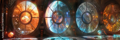 Sunlight streamed through stainedglass windows depicting the planets, casting a kaleidoscope of colors onto bubbling potions in a futuristic alchemy lab photo