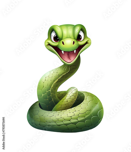 A cheerful cartoon snake with a wide grin and glossy green scales  coiled up playfully. Generative AI