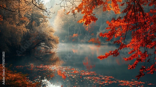 An autumn scene featuring a forest lake