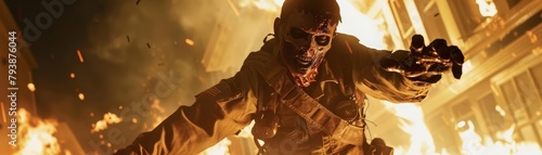 With trembling hands and a singed uniform, a firefighter zombie heroically extinguished a burning building, his motivation purely the satisfaction of putting out flames photo