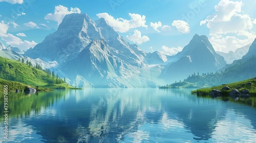 An idyllic landscape with a serene mountain lake photo