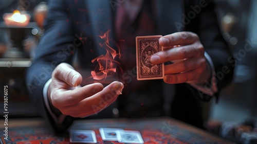Magician, tricks, playing cards on a table