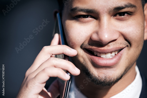 Phone call, city and portrait of business man for online conversation, networking and discussion. Corporate worker, professional and person on smartphone for chat, contact and communication in town