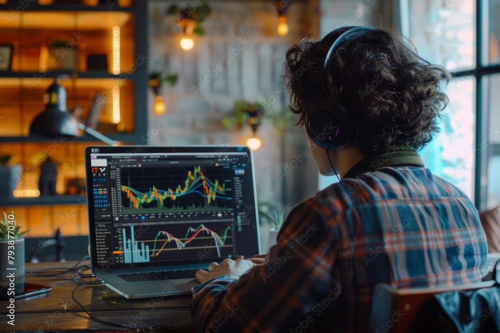 A dynamic office scene with a young professional discussing Bitcoin investments over a video call, laptop screen visible with crypto charts A dynamic office scene with a young professional discussing Bitcoin investments over a video call, laptop screen visible with crypto charts