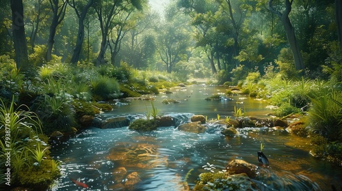 A lush wooded area with a flowing stream and various types of vegetation like. Generative AI.