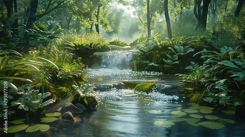 A lush wooded area with a flowing stream and various types of vegetation like. Generative AI. photo