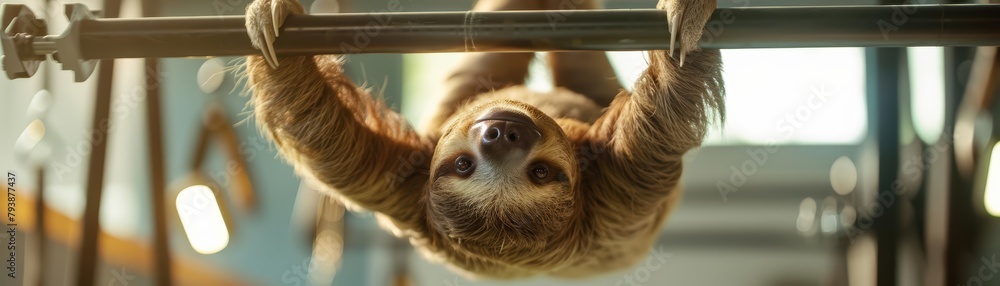 Naklejka premium A fluffy sloth hung upside down from a gym bar, meticulously doing slowmotion stretches to improve its impressive flexibility