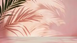 Sun-dappled palm leaves casting soft shadows on a blush background, evoking a dreamy and idyllic tropical escape