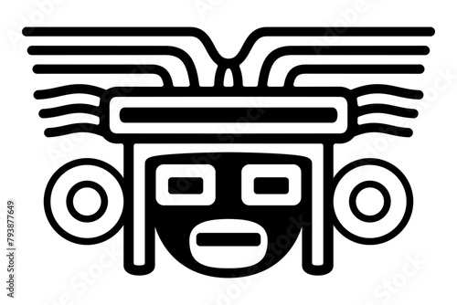 Head with mask large headdress, an ancient Mexican motif. Pre-Columbian, Aztec flat clay stamp motif, found in Tenochtitlan, the center of Mexico City. Isolated, black and white illustration. Vector