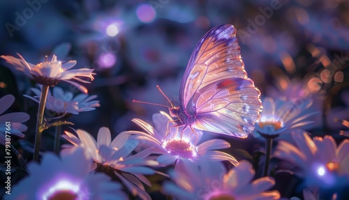 A luminescent butterfly, its wings glowing with an ethereal lavender light, alighted on a bed of white daisies, creating a magical scene of bioluminescent wonder photo