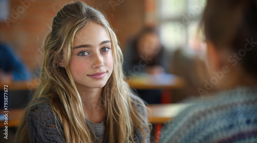 Wallpaper Mural A schoolgirl with long blond hair is sitting in the classroom. She smiles and looks at the camera. Concept of education, social protection of teenagers Torontodigital.ca