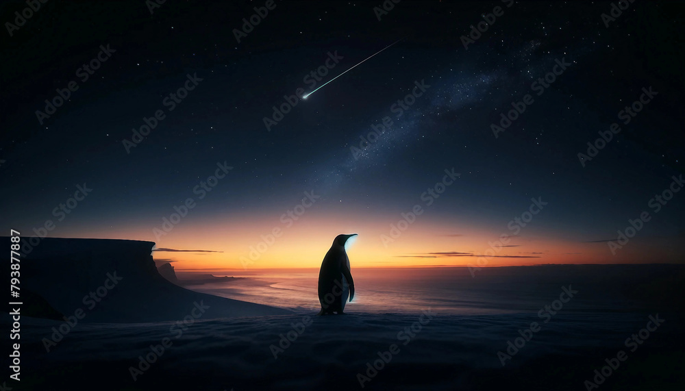 A lonely penguin standing at the edge of the sea, watching a shooting star