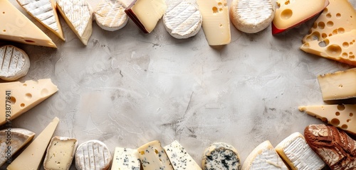 Wide selection of cheeses spread on a neutral grey surface. photo