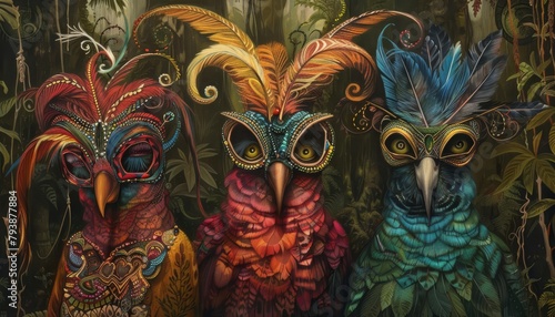 A masquerade ball in the jungle buzzed with excitement Exotic birds sported feathered masks painted with swirling patterns, celebrating the harvest season photo