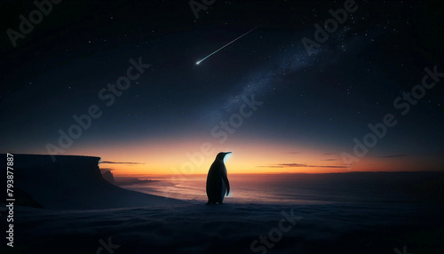 A lonely penguin standing at the edge of the sea, watching a shooting star