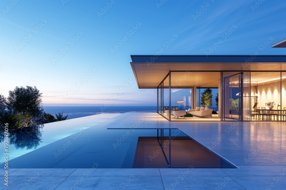 Fototapeta premium Luxury Island Villa With Infinity Pool At Sunset.
