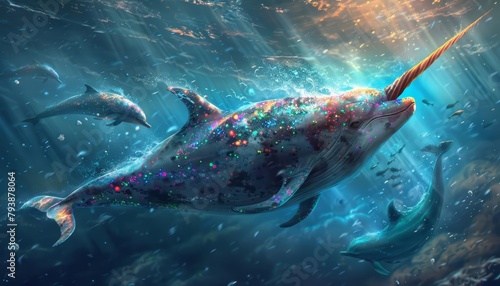 A narwhal with a sparkly horn that pulsed with rainbow colors, danced through the arctic sea with a pod of playful dolphins, their laughter echoing through the icy water