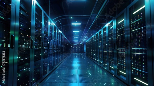 Network and information systems in a modern data center with dynamic lighting  showcasing technology and connectivity