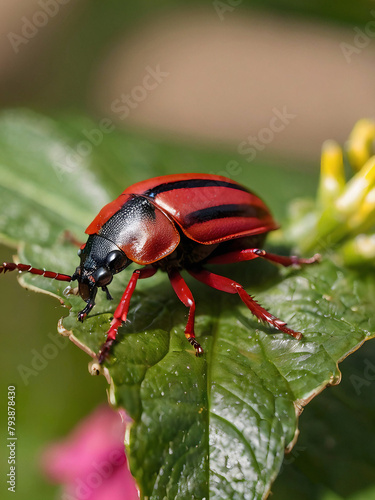 A red and black beetle standing on green leaf