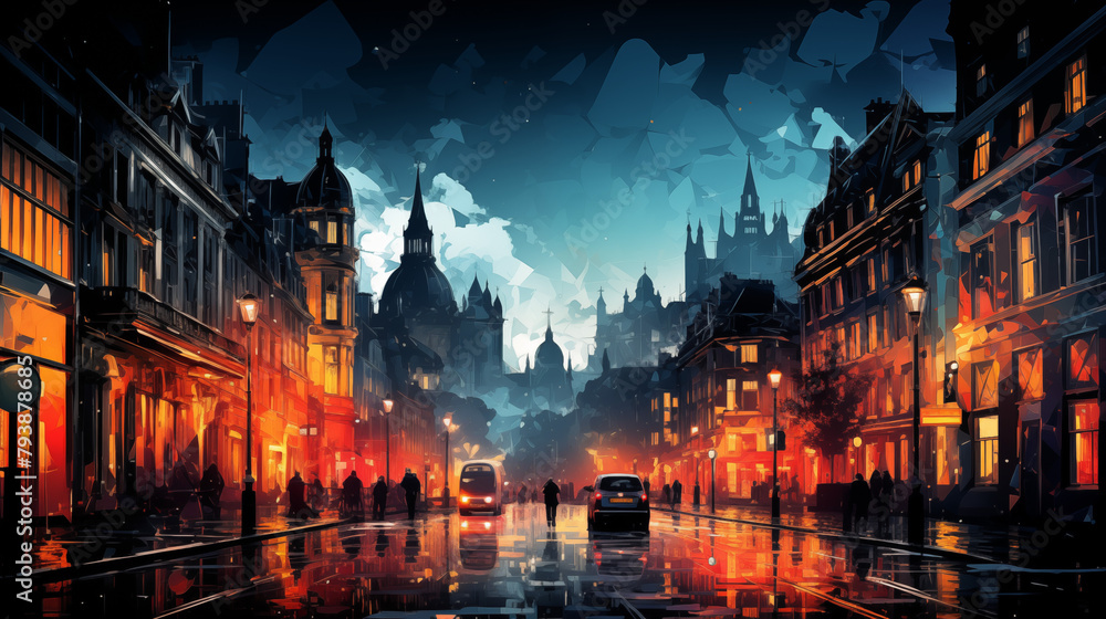 Historic European City Evening Scene with Rain Painting