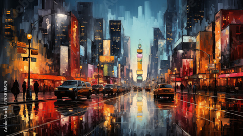 Vibrant Urban Nightscape with Rainy Reflections Painting © heroimage.io