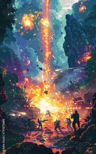 A pixelated action scene, with pixelated characters battling in a pixelated environment, explosions and energy blasts bursting forth in pixelated splendor © Atthasit